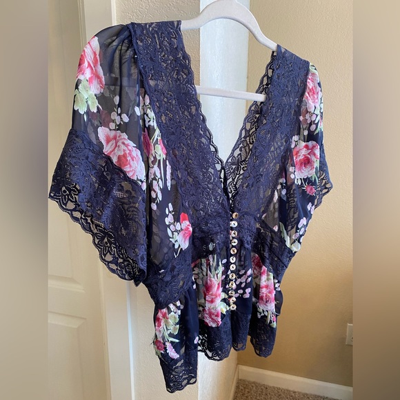 Y2K Vintage Forever 21 Floral Print Lace Sheer Blouse Boho Style Size L NWOT - Picture 3 of 6